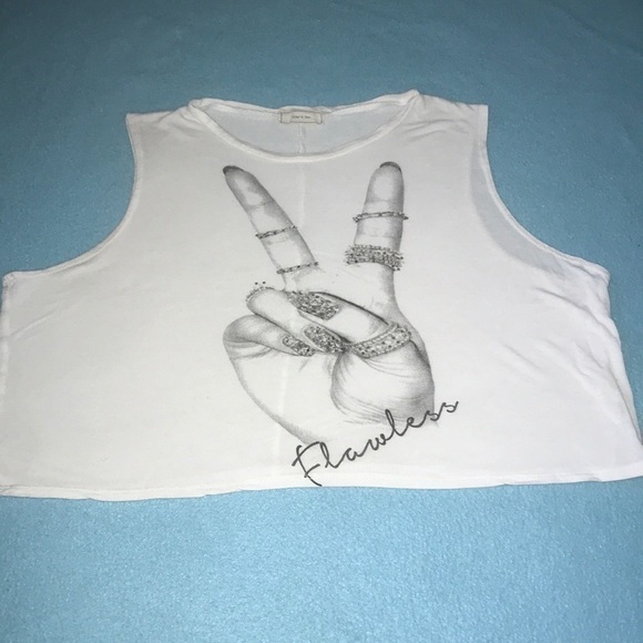 ARAN’S DEN Tops - ARAN’S DEN hand peace sign ”flawless” sparkling crop top white semi sheer size L